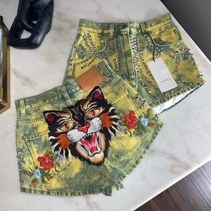Gucci Washed Studded And Tiger Embroidered Denim Shorts in Green/Yellow